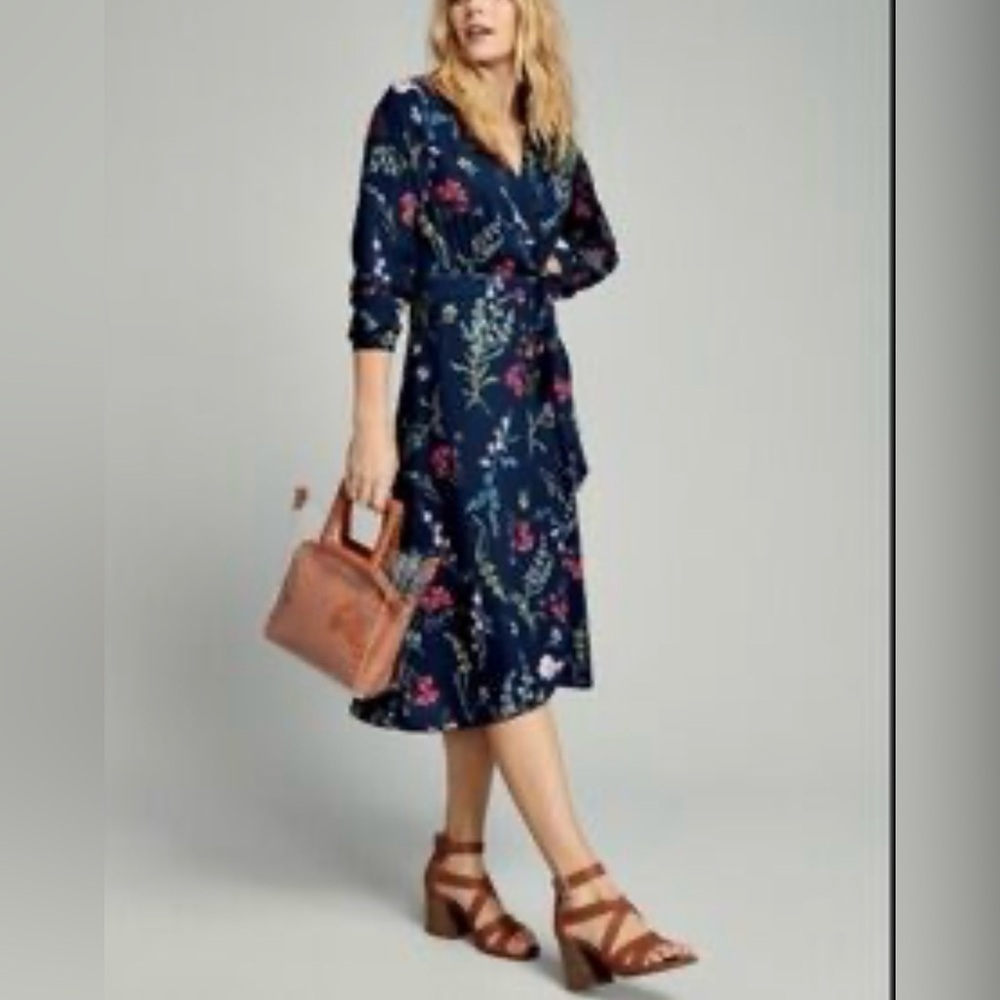 Navy Blue Floral Print Wrap Dress Minimalist Boho Chic NWOT 
Size Medium